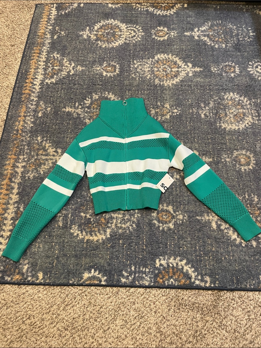 SO Green and White Striped Zip-Up Cropped Turtleneck Sweater